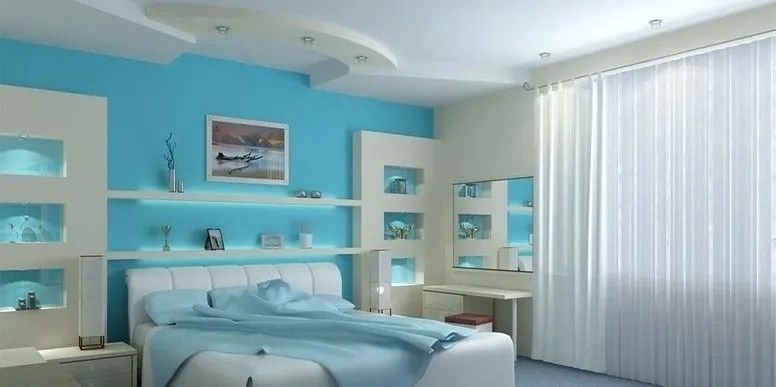 Bedroom interior turquoise accent wall